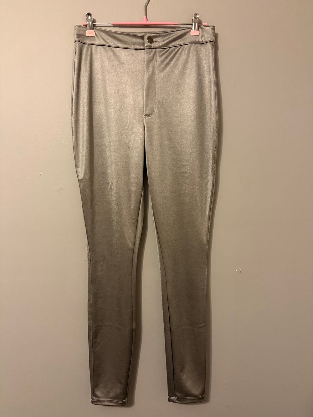 SKIMS Metallic Silver Skinny Pants Shiny Stretch Y2K Disco Glam